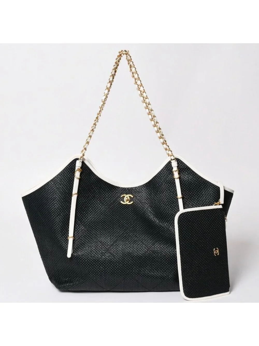 Chanel Maxi Shopping Bag Braided Raffia Effect Canvas CC Logo Gold Base